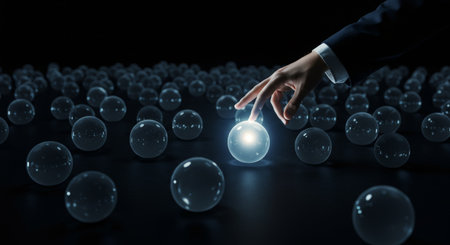 A single hand reaching out towards an illuminated sphere within a sea of other glowing orbs, representing the pursuit and achievement of exceptional qualityの素材