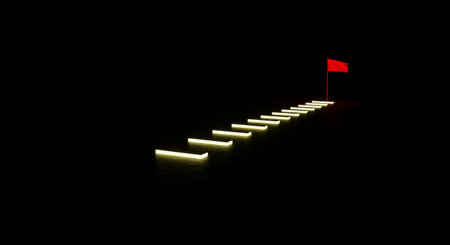 A glowing trail beckons towards a fiery red banner in the distanceの素材