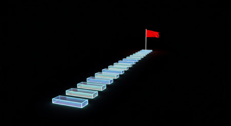 A digital art piece depicting a glowing staircase ascending towards a flag, symbolizing progress and achievement on a completely black backgroundの素材