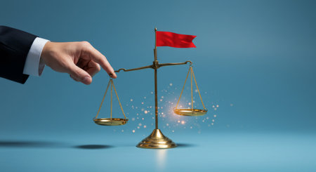 A striking visual representation of judicial imbalance, showcasing a hand balancing scales tilted to one side over a shimmering blue backgroundの素材
