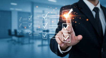 A businessman meticulously reviews his todo list, ensuring everything is in order before moving forwardの素材