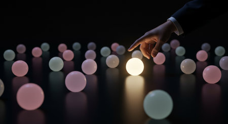 A single hand reaches towards an illuminated orb amidst a sea of lightsの素材