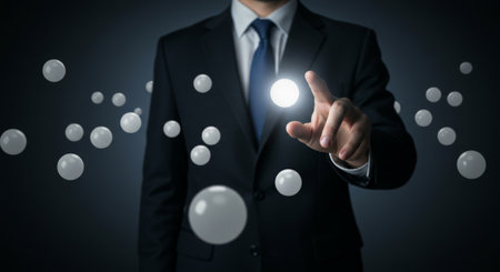 A businessman stands in front of an illuminated light bulb, contemplating its impact on his businesss growth and successの素材