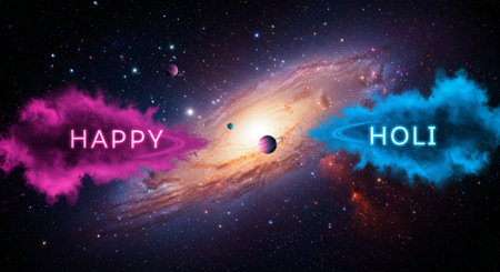 A joyful celebration of Holi featuring vibrant colors and cosmic symbols among friendsの素材