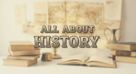 An educational poster featuring antique books, maps, quills, glasses, and lamps to convey a love for historys pastの素材