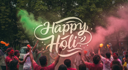 The vibrant celebration of Holi, filled with joyous colors and traditional dancesの素材