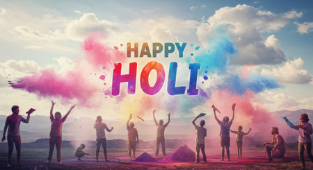 People gather joyfully to celebrate the vibrant Holi festival with vibrant colors and heartfelt smilesの素材