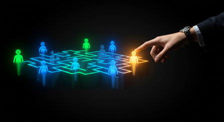 A futuristic, neonlit network of interconnected humans on a dark backdrop, with a highlighted finger indicating interaction, symbolizing modern socialbusiness networksの素材