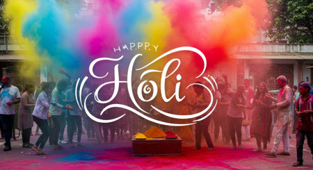 Vibrant Holi celebrations in full swing, colorful hues fill the air as joyous revelers dance under the suns warm glowの素材