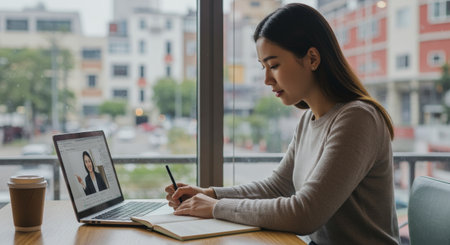 A busy woman meticulously takes notes during a virtual classroom session on her laptopの素材
