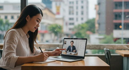 A woman works remotely in a cafe, taking notes during an online meeting, using both technology and traditional methods to stay organized and engagedの素材