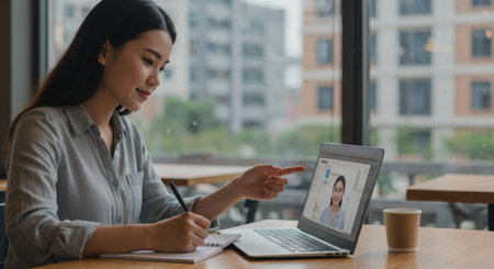 A young woman engages in a video call on her laptop, jotting down notes amid casual professionalism, symbolizing the integration of digital tools into modern workplace dynamicsの素材