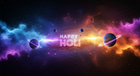 A vibrant Holi festival in space, colorful balloons and decorations light up the night sky, celebrating love and harmony among friends and strangers alikeの素材
