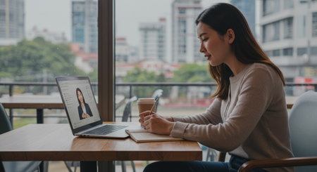A busy professional takes detailed notes during a virtual meeting, showing attentiveness and efficiency in a modern workspaceの素材