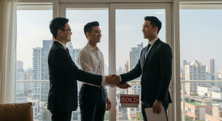 Realestate agents shake hands after closing a 10 million sale at a downtown skyscraper, symbolizing success and professionalism in the competitive world of real estateの素材