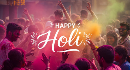 A vibrant Holi celebration featuring colorful powders and joyful crowds in a festive atmosphereの素材