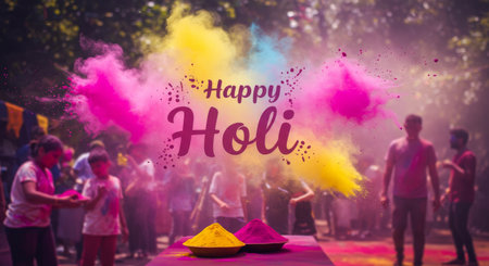 People celebrating Holi with colorful powders and joyful exchanges of greetings in a vibrant street sceneの素材