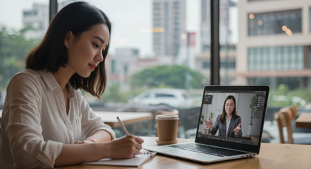 A woman diligently works from home while being observed by an attentive teacherの素材