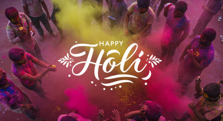 A vibrant celebration of Holi as friends and family join in joyous colors and funの素材