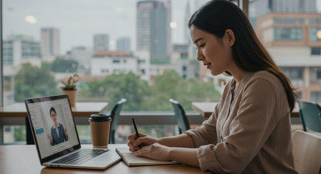 A determined woman works diligently from home on her laptop, showcasing productivity and flexibility in todays digital ageの素材