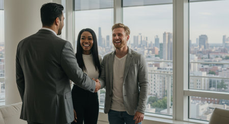 Business professionals warmly greet one another in a professional settingの素材