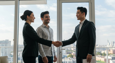 Two friends meet and shake hands warmly in this candid moment of connectionの素材