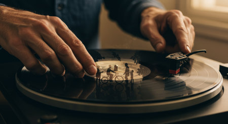 An intriguing artwork featuring a vintage vinyl record with vibrant cutouts depicting whimsical characters, capturing the essence of nostalgia and creativityの素材