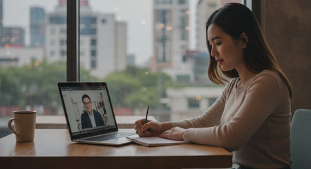 A student diligently takes notes during a remote learning sessionの素材