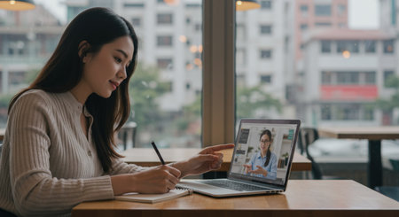 An Asian woman is seated at her computer, participating in a virtual conference with colleagues from around the worldの素材
