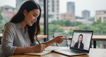 A woman focuses intently as she points to information displayed on a digital whiteboard projected onto her laptop screenの素材