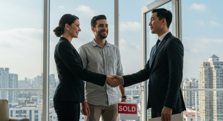 Real estate agents celebrate a buyers new home purchase with breathtaking views and a vibrant city skyline, symbolizing success and hightech modern living in urban centers globallyの素材