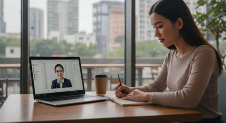 A woman works intently on a video call, jotting down notes as she communicates via laptop, surrounded by modern urban architecture, capturing crucial details from a business meetinの素材