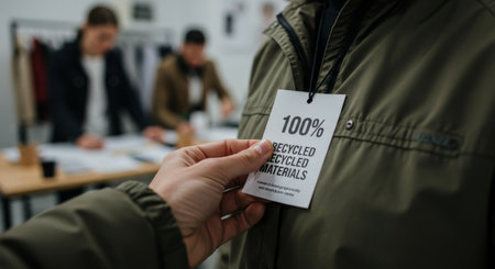 A stylish piece of recycled materials clothing featuring a sustainable message tag, highlighting environmental responsibility and ecofriendly fashion choicesの素材