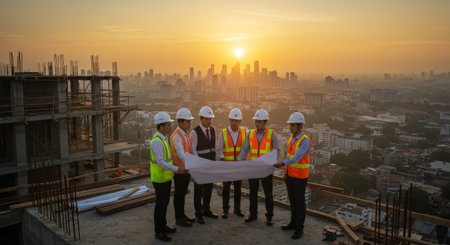Six skilled workers meticulously examine blueprints at an urban construction site, ensuring precision and quality in their workの素材