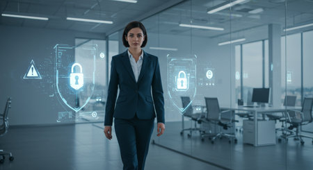 A futuristic office scene showcasing advanced digital security measures, emphasizing the critical role of cyber protection in todays work environmentの素材
