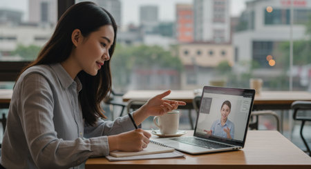 An Asian woman diligently works on a virtual meeting while seated in a cozy cafe setting, highlighting her professional dedication and the modern blend of worklife balanceの素材
