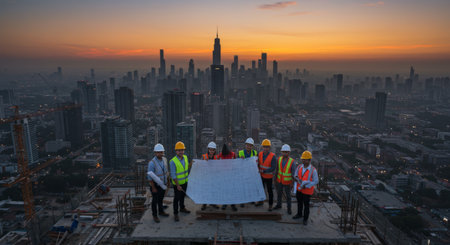 A group of workers gathered around a blueprint at dusk, illuminating the vibrant colors of the setting sun against their hard work and dedication to construction progressの素材