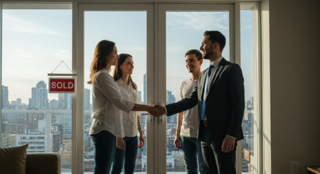 A successful real estate transaction is celebrated with a SOLD sign and heartfelt handshake, showcasing teamwork, satisfaction, and achievement in property salesの素材