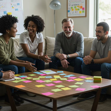 A group gathers around a table, using sticky notes for a collaborative brainstorming sessionの素材