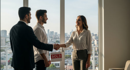 A bustling urban scene with individuals negotiating a sale, marked by SOLD signs on windows, highlighting financial transactions and property investments, symbolizing human interacの素材