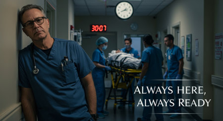 Medical professionals diligently attend to their patients while the vibrant slogan Always Here, Always Ready adorns the background, emphasizing their commitment and readiness in seの素材