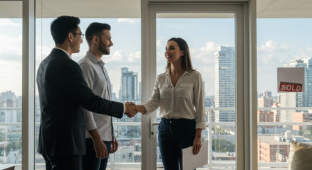 A real estate agent completes a transaction as a newlywed couple exchanges hugs and smiles, symbolizing their new home ownershipの素材