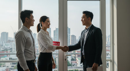 A real estate agent celebrates closing a sale by holding up a Sold sign and warmly shaking hands with delighted clientsの素材