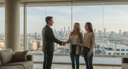 A businessman shakes hands with a woman in a bustling city scene, capturing moments of connection and interaction amidst urban lifeの素材