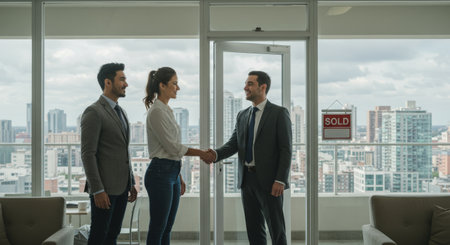 Two friends shake hands as they celebrate their sale at an auctionの素材