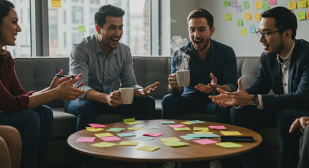 A group of people gathered around a round table, engaged in lively conversation and focused attention, sharing ideas and insights with each otherの素材
