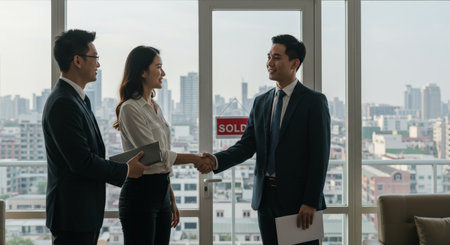 Business professionals exchange firm grips under a Sold banner, celebrating a triumphant real estate saleの素材