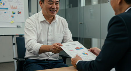 A man carefully examines financial reports and accompanying charts to analyze data trendsの素材
