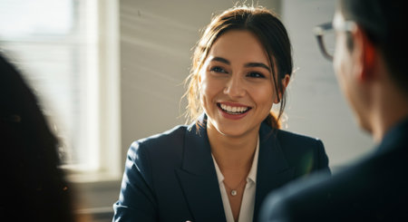 A confident woman in professional attire smiles brightly, her perfect white teeth visible as she engages in a pleasant conversation, capturing a moment of professionalism and goodの素材