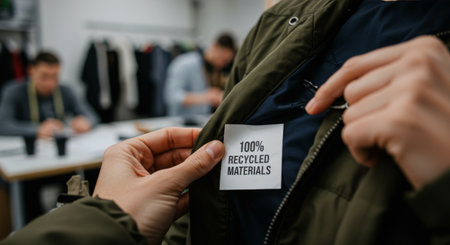 A person holds up a garment labeled 100 Recycled Materials, symbolizing sustainable fashion and environmental responsibility, within a workshop environment where others create ecocの素材